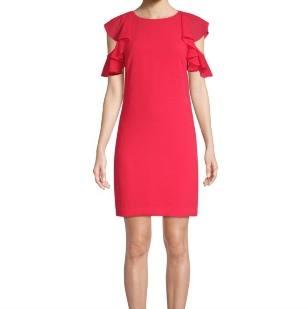 Trina Turk Amanda Silk Chiffon Ruffle Cold Shoulder Sheath Dress sz 0 Pink